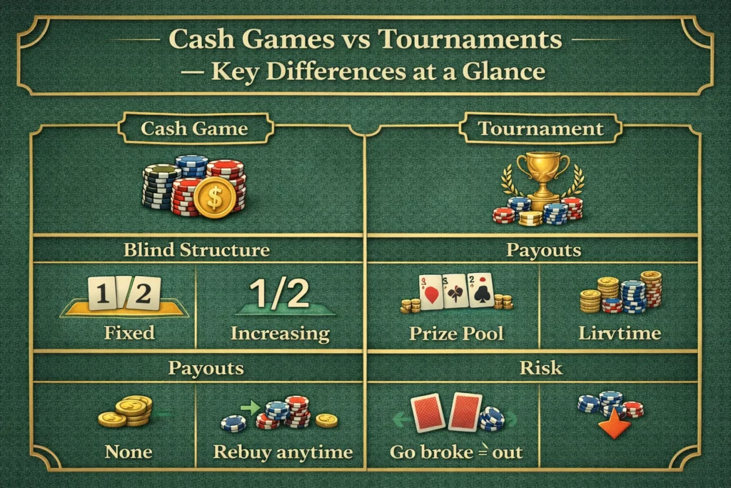 Cash Games vs Tournaments — Key Differences at a Glance